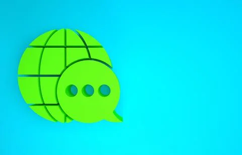 Green World map made from speech bubble icon isolated on blue background. Glo Illustrazione stock