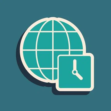 Green World time icon isolated on green background. Clock and globe. Long shadow Stock Illustration