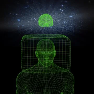 Green x-ray man with head inside box and pink tinted brain outside box Illustrazione stock
