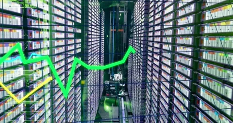 Green, yellow and blue graphs processing data over computer server room Stock Footage 328244094