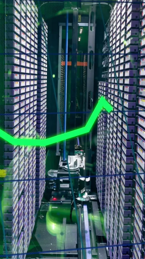 Green, yellow and blue graphs processing data over computer server room Stock Footage 344803132