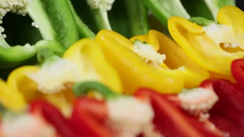 Green Yellow Red Bell pepper close up Stock Footage 233684531