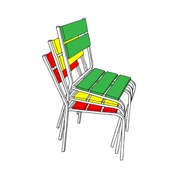 Green yellow red Vector outline illustration of stack of chairs isolated on a Stock Illustration