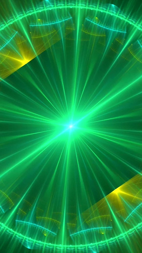 Green yellow rotating glowing pattern of curved rays on a black background Video stock 336889061