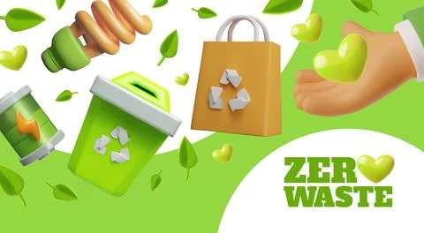 Green Zero waste logo with heart 3D cartoon banner design. Ecology and enviro Illustrazione stock