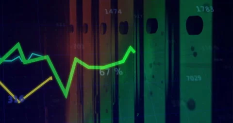 Green zigzag line graph moving over red-to-green gradient bars with floating Stock Footage 307462786