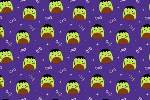 Green zombie on seamless pattern. Squishmallow. Zombie. Kawaii, Vector Stock Illustration
