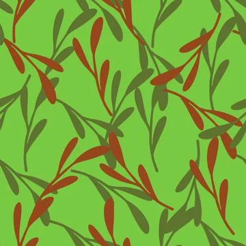 Greenery seamless pattern with doodle hand drawn random red and green leaf br Illustrazione stock