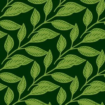 Greenery seamless pattern with green leaf branches elements. Dark background. 스톡 일러스트