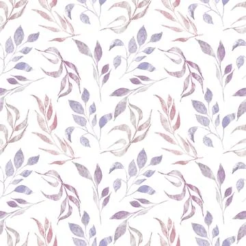 Greenery Seamless Pattern, Watercolor delicate florals paper, purple leaves Stock Illustration