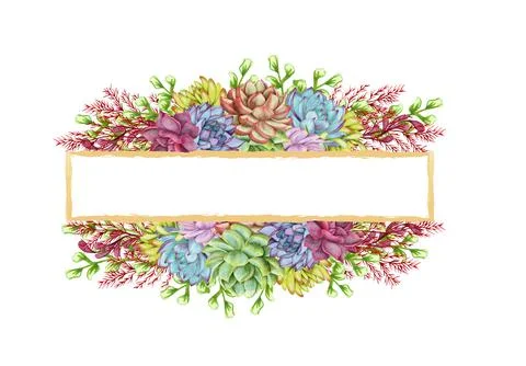 Greenery, succulent and branches frame border on white background. Beautiful Stock Illustration