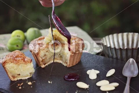 Greengage cake with almonds Stock Photos