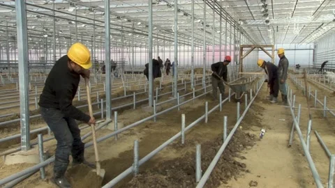 Greenhouse complex. Builders use shovels to level earthen floor in greenhouse. Stock Footage 152473056