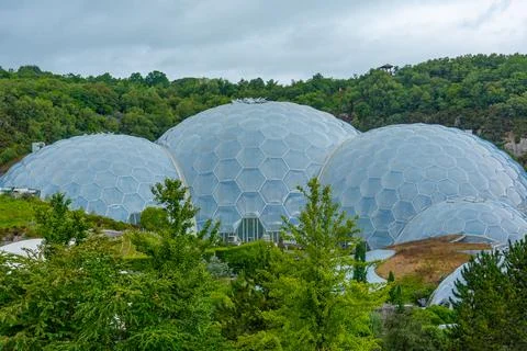Greenhouse complex at Eden project in Cornwall, England Stock Photos