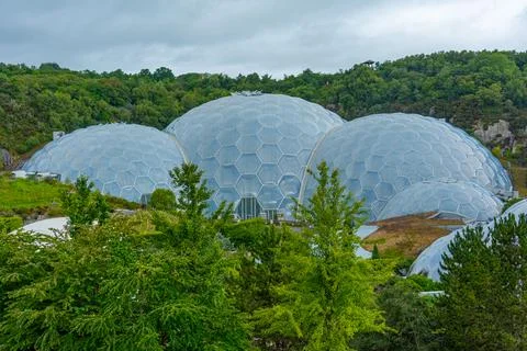 Greenhouse complex at Eden project in Cornwall, England Stock Photos