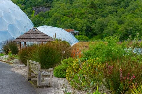 Greenhouse complex at Eden project in Cornwall, England Stock Photos