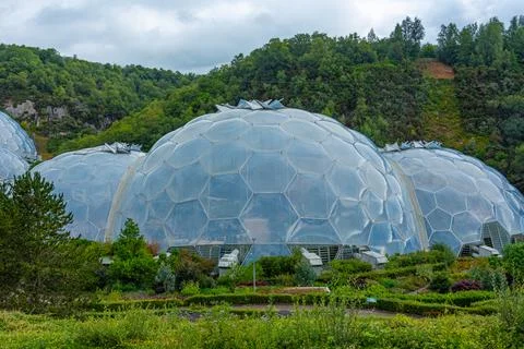 Greenhouse complex at Eden project in Cornwall, England Stock Photos