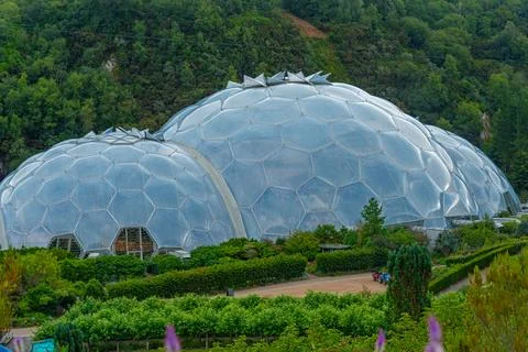 Greenhouse complex at Eden project in Cornwall, England Stock Photos