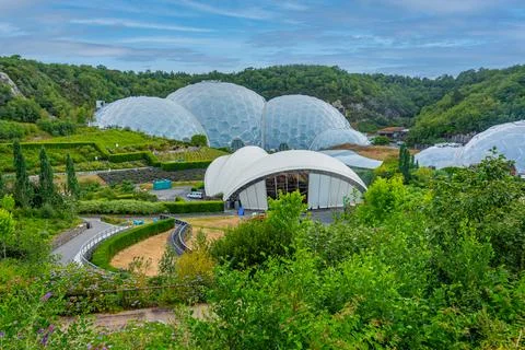 Greenhouse complex at Eden project in Cornwall, England Stock Photos