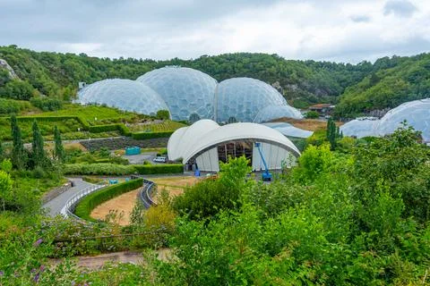 Greenhouse complex at Eden project in Cornwall, England Stock Photos