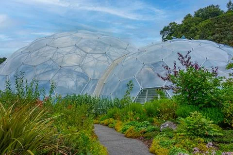Greenhouse complex at Eden project in Cornwall, England Stock Photos