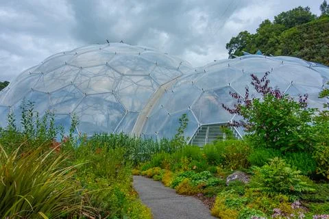 Greenhouse complex at Eden project in Cornwall, England Stock Photos
