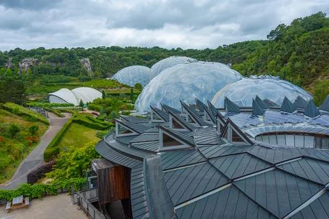 Greenhouse complex at Eden project in Cornwall, England Stock Photos