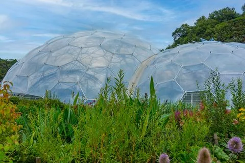 Greenhouse complex at Eden project in Cornwall, England Stock Photos