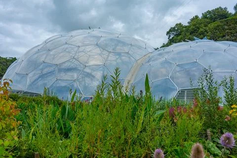Greenhouse complex at Eden project in Cornwall, England Stock Photos