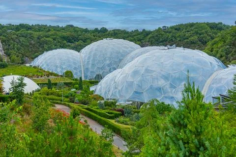 Greenhouse complex at Eden project in Cornwall, England Stock Photos