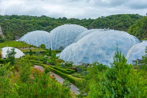 Greenhouse complex at Eden project in Cornwall, England Stock Photos