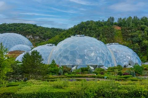 Greenhouse complex at Eden project in Cornwall, England Stock Photos