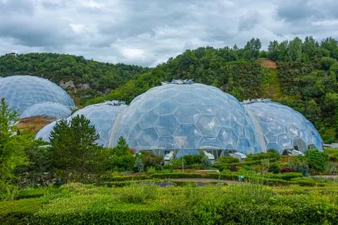Greenhouse complex at Eden project in Cornwall, England Stock Photos