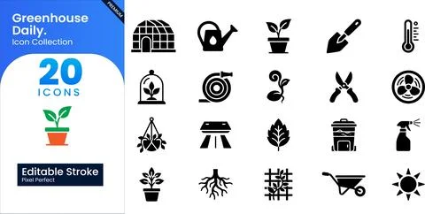 Greenhouse Daily Solid Icon Set for Gardening and Botany Stock Illustration