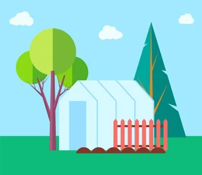 Greenhouse Hothouse and Trees Vector Illustration Stock Illustration