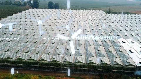Greenhouse roof array receiving data ping, drone pulling back, HUD rotating, Stock Footage 334418668