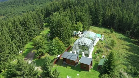 Greenhouse science drone aerial open top chambers climate change research, plant Stock Footage 167241353