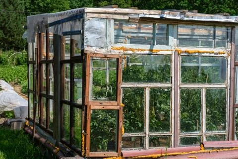 A greenhouse in the village of window frames. Stock Photos