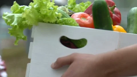 Greenhouse worker receiving vegetables box from male hands, eco food market Видео 118911858