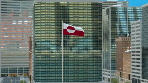 Greenland Flag 3D Render Animation on Pole with Modern Business District Bui Stock-Footage 332883738
