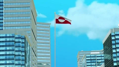 Greenland Flag 3D Render Animation with Urban Architecture and Clear Blue Sk Stock-Footage 333050666