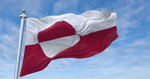 Greenland flag with flagpole waving in rolling clouds looping, 4K Perfect Loop Video stock 279675388