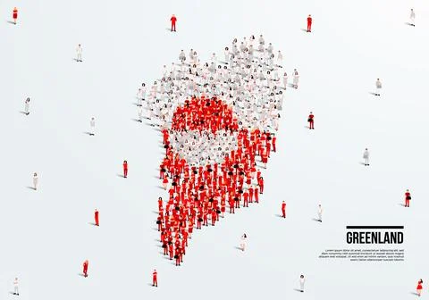 Greenland Map and Flag. A large group of people in the Greenland flag color. Stock Illustration
