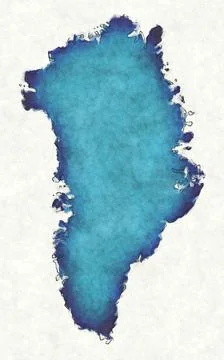 Greenland map with drawn lines and blue watercolor illustration Stock Illustration