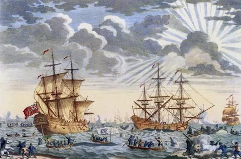 Greenland whale fishery in the 18th century.  From British Polar Explorers, publ Stock Photos