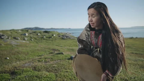 Greenlandic drum dancing and singing. East Greenlandic drum. Portrait medium. Stock Footage 204403633