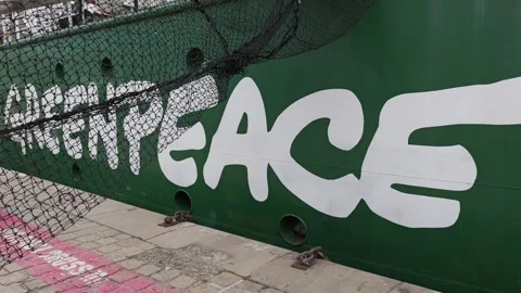 Greenpeace environmental activist ship docked at port Stock-Footage 341787385