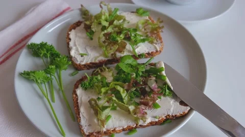 Greens fall on bread with cheese Stock Footage 155895696