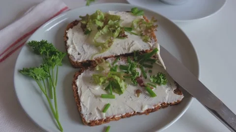 Greens fall on bread with cheese Stock Footage 155895737