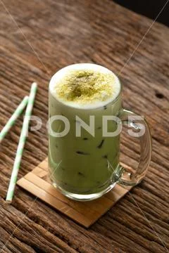 Greentea matcha latte cold beverage drink freshness Stock Photos